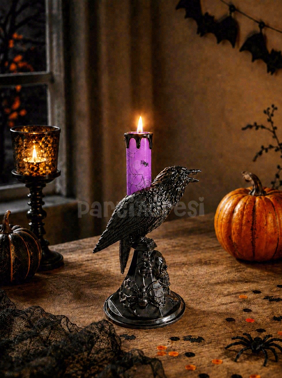 Cadılar Bayramı Karga Figürlü LED Işıklı Mum – Halloween Parti Dekoru Mor 20 cm 
