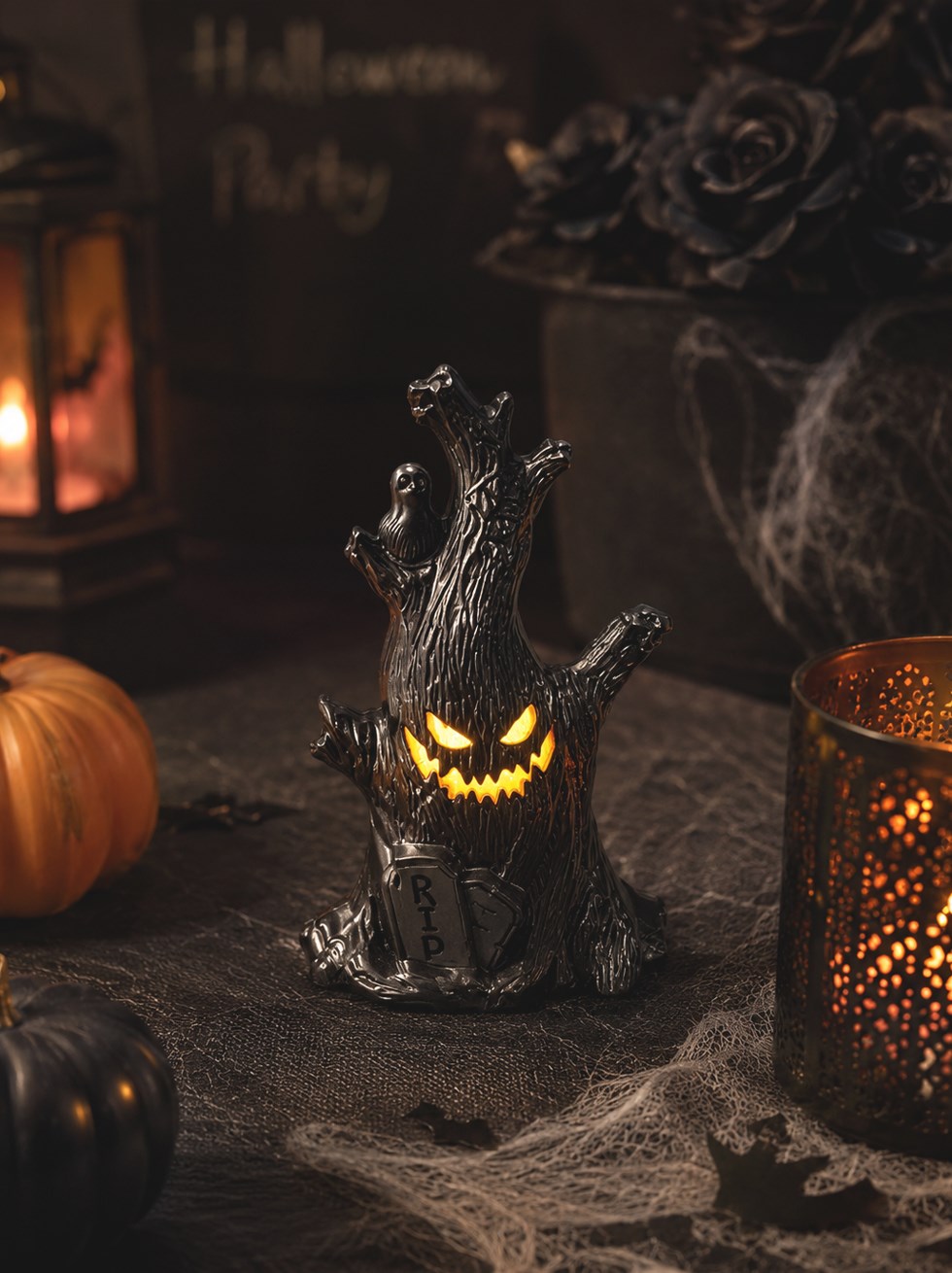 Cadılar Bayramı Korku Ağacı LED Işıklı Mum – Halloween Parti Masa Dekoru 16 cm