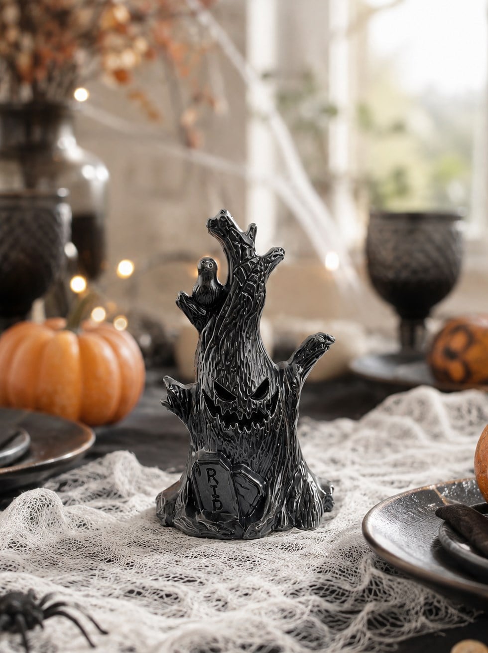 Cadılar Bayramı Korku Ağacı LED Işıklı Mum – Halloween Parti Masa Dekoru 16 cm