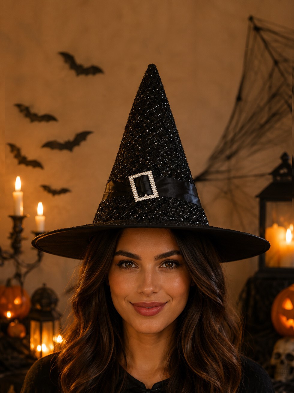 Cadılar Bayramı Simli Cadı Şapkası Halloween Parti Kostüm Aksesuarı Siyah 