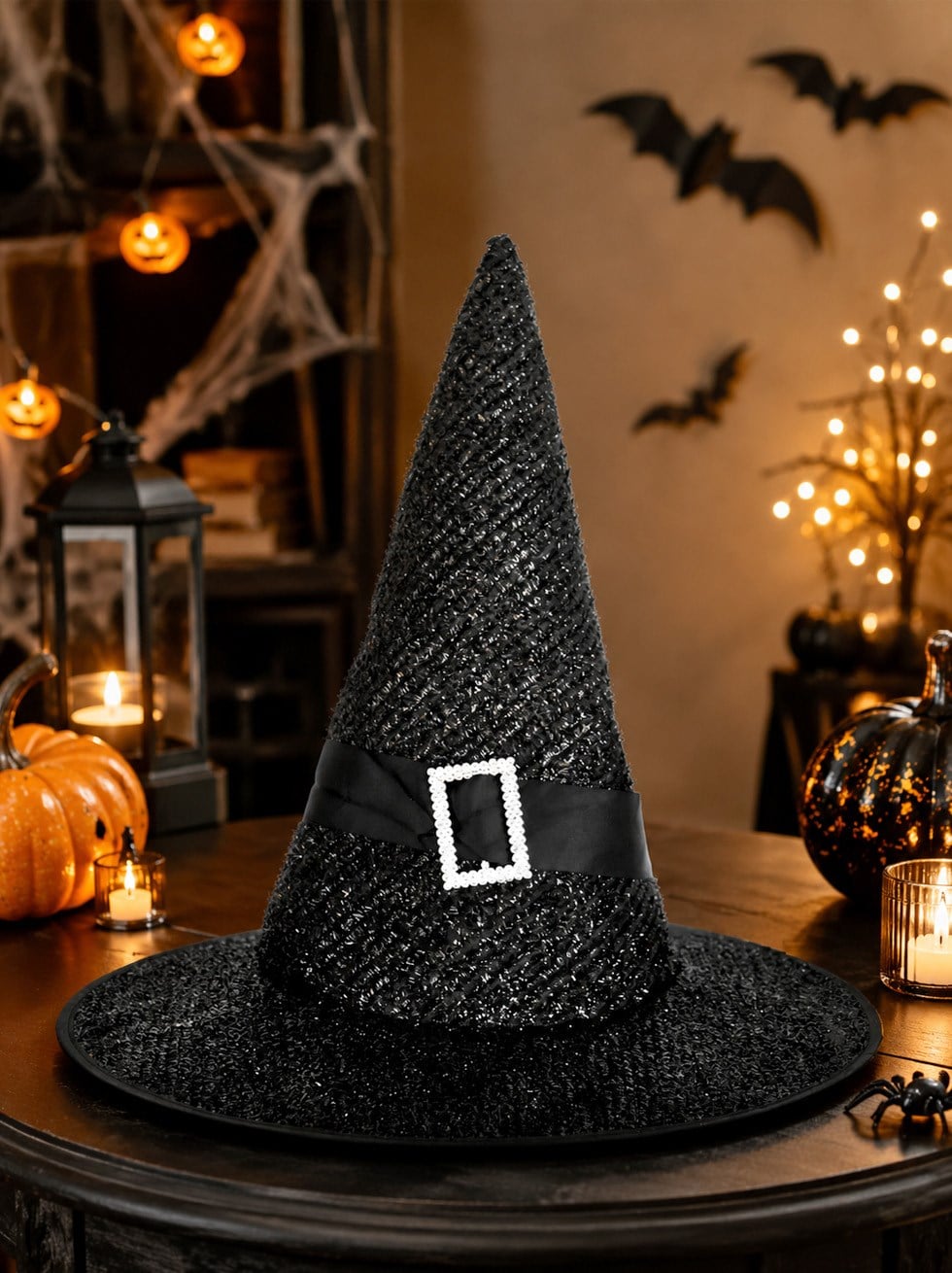 Cadılar Bayramı Simli Cadı Şapkası Halloween Parti Kostüm Aksesuarı Siyah 