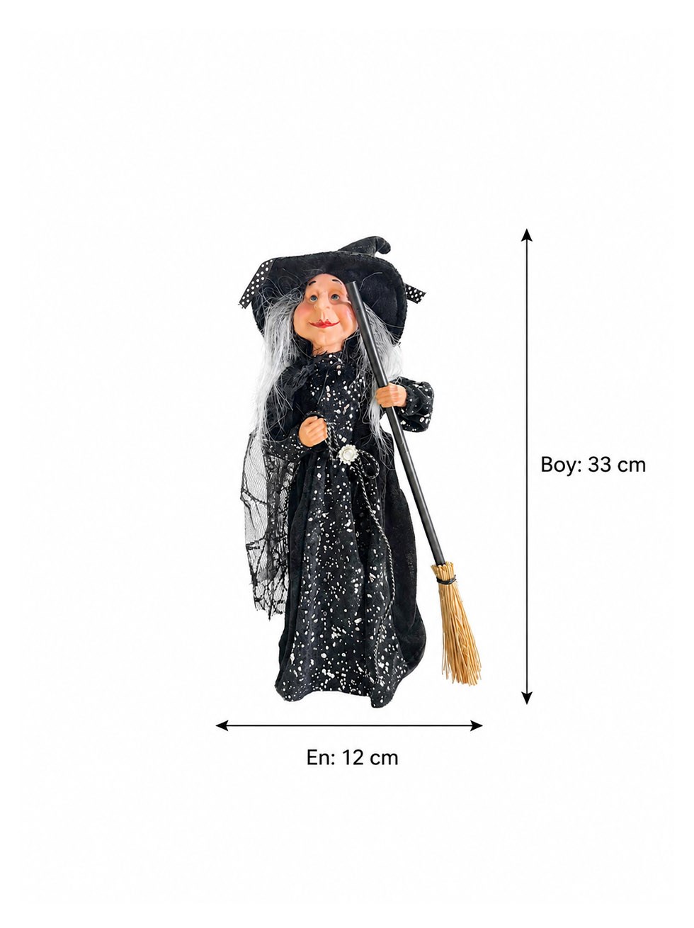 Cadılar Bayramı Süpürgeli Cadı – Halloween Parti ve Ev Dekorasyonu Siyah 33 cm