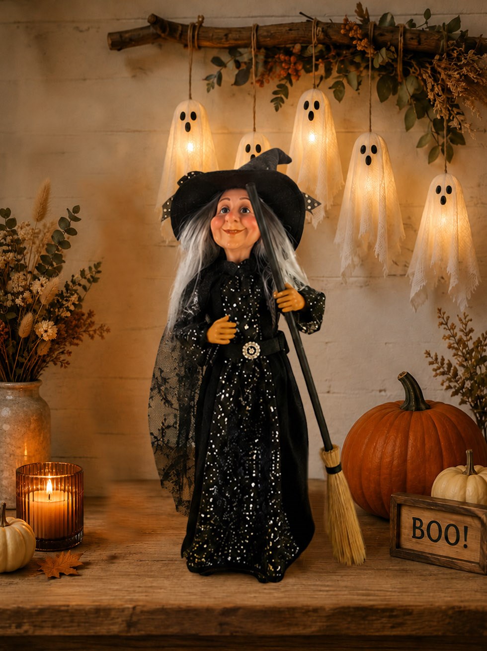 Cadılar Bayramı Süpürgeli Cadı – Halloween Parti ve Ev Dekorasyonu Siyah 33 cm