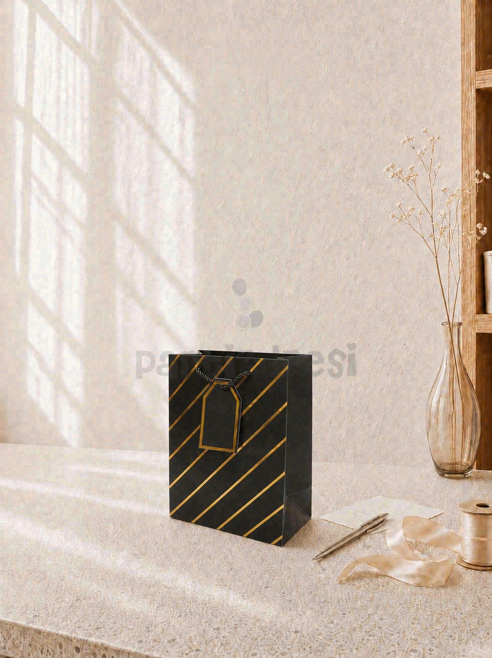 Çizgili Karton Hediye Çantası – Etiketli Lux Alışveriş Çantası Siyah 18x23x10 cm
