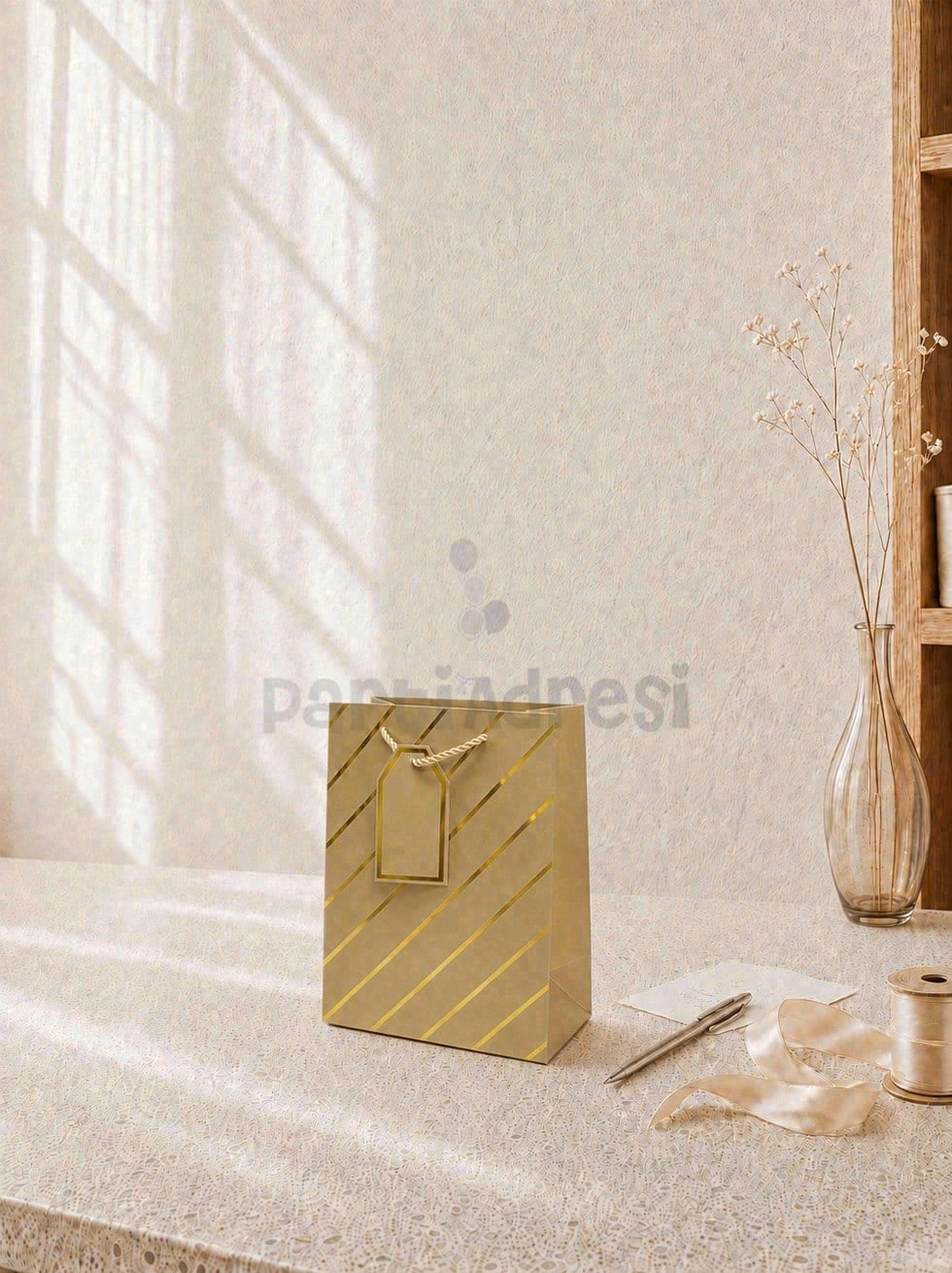 Çizgili Karton Hediye Çantası – Etiketli Lux Alışveriş Çantası Altın 18x23x10 cm