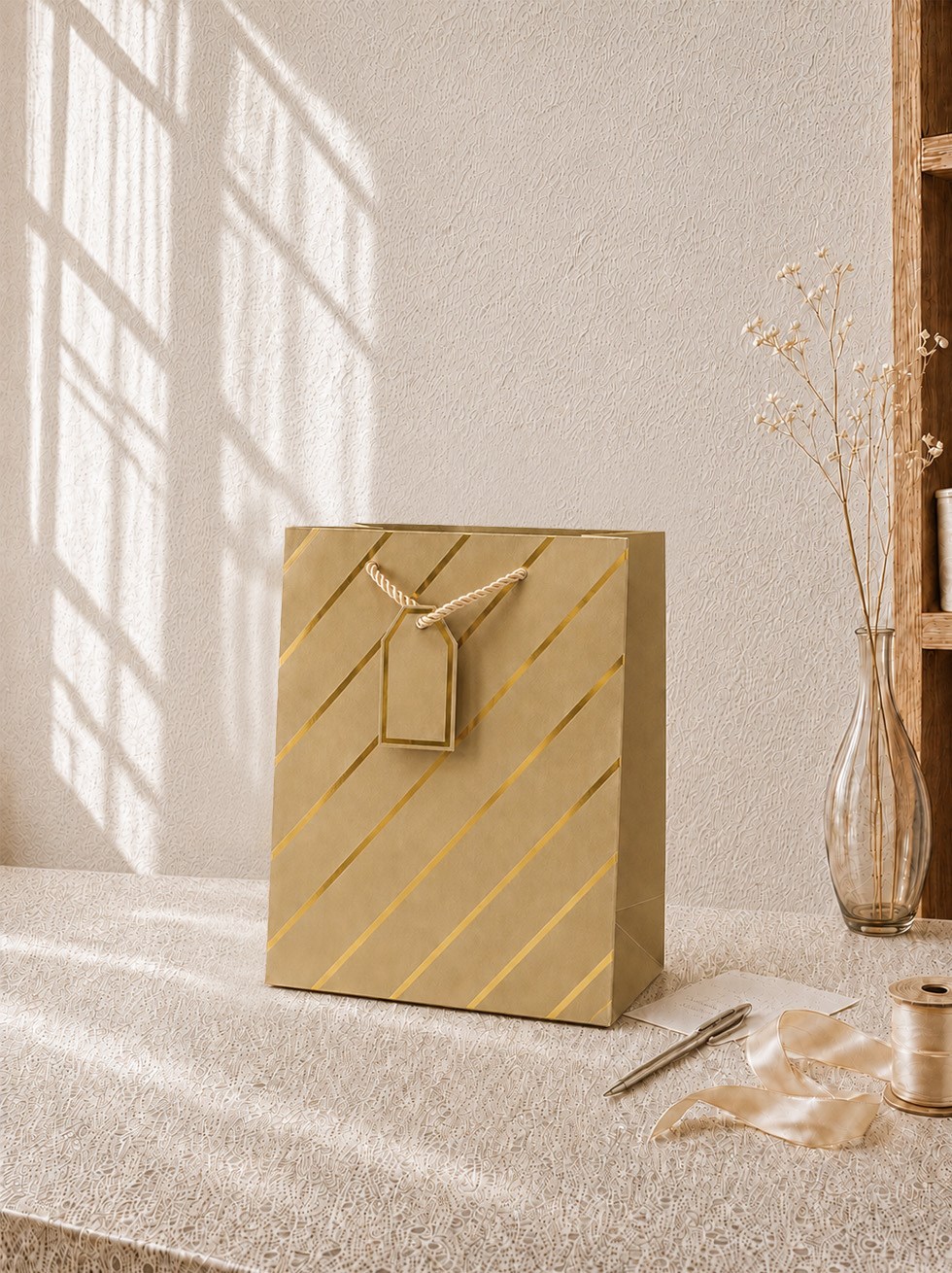 Çizgili Karton Hediye Çantası – Etiketli Lux Alışveriş Çantası Altın 26x32x12 cm