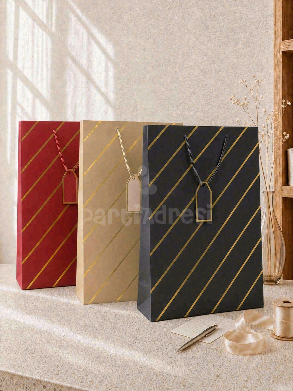 Çizgili Karton Hediye Çantası – Etiketli Lux Alışveriş Çantası 31x44x12 cm 12li