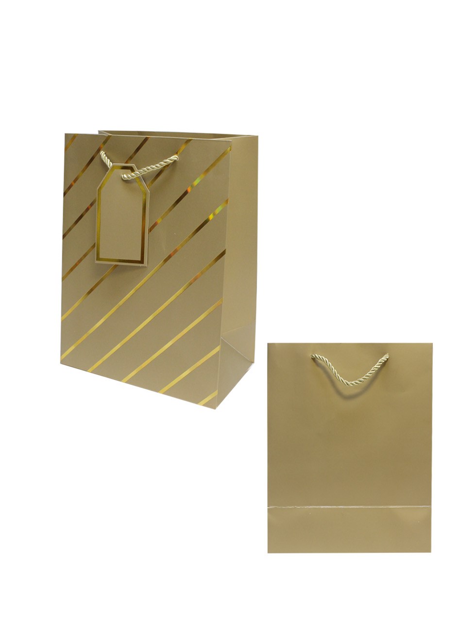 Çizgili Karton Hediye Çantası – Etiketli Lux Alışveriş Çantası Altın 26x32x12 cm