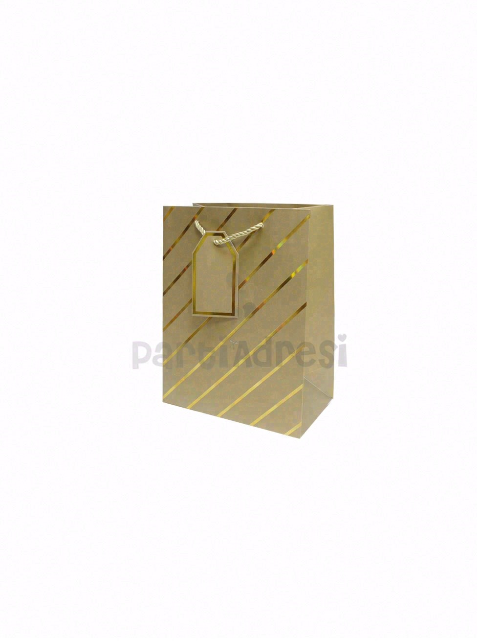 Çizgili Karton Hediye Çantası – Etiketli Lux Alışveriş Çantası Altın 18x23x10 cm