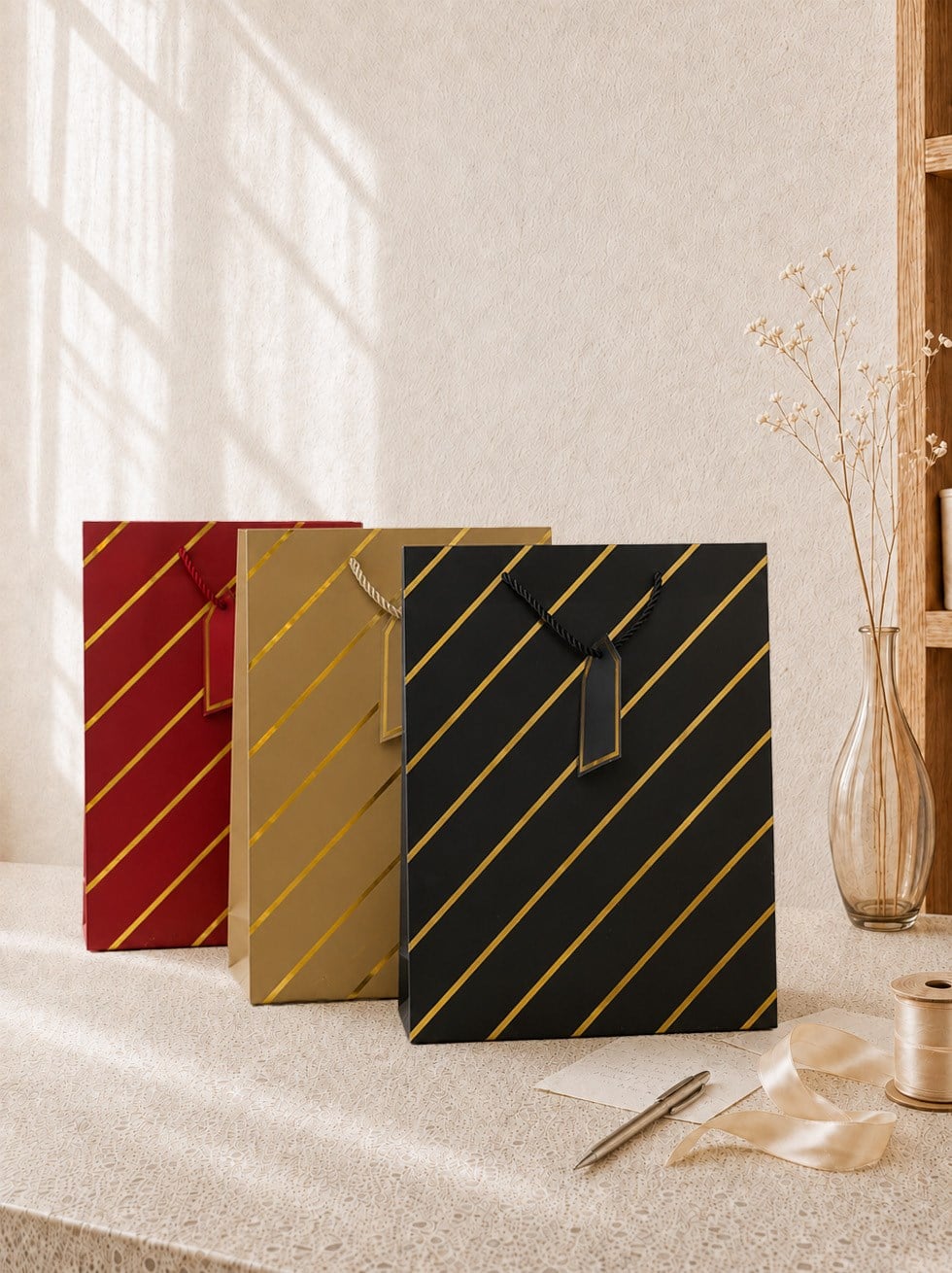 Çizgili Karton Hediye Çantası – Etiketli Lux Alışveriş Çantası 26x32x12 cm 12li