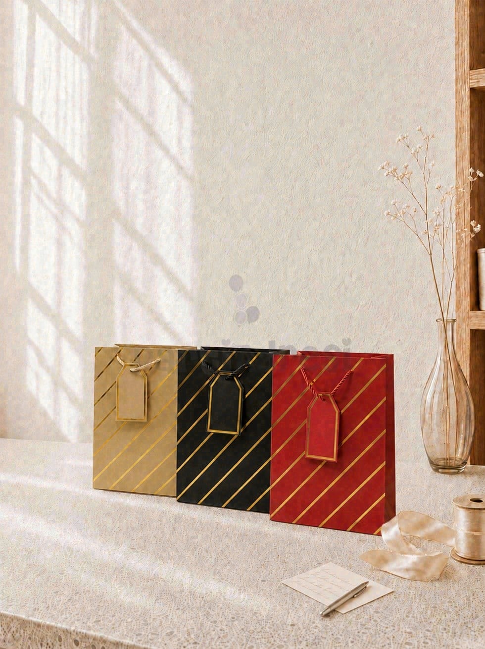 Çizgili Karton Hediye Çantası – Etiketli Lux Alışveriş Çantası 18x23x10 cm 12li