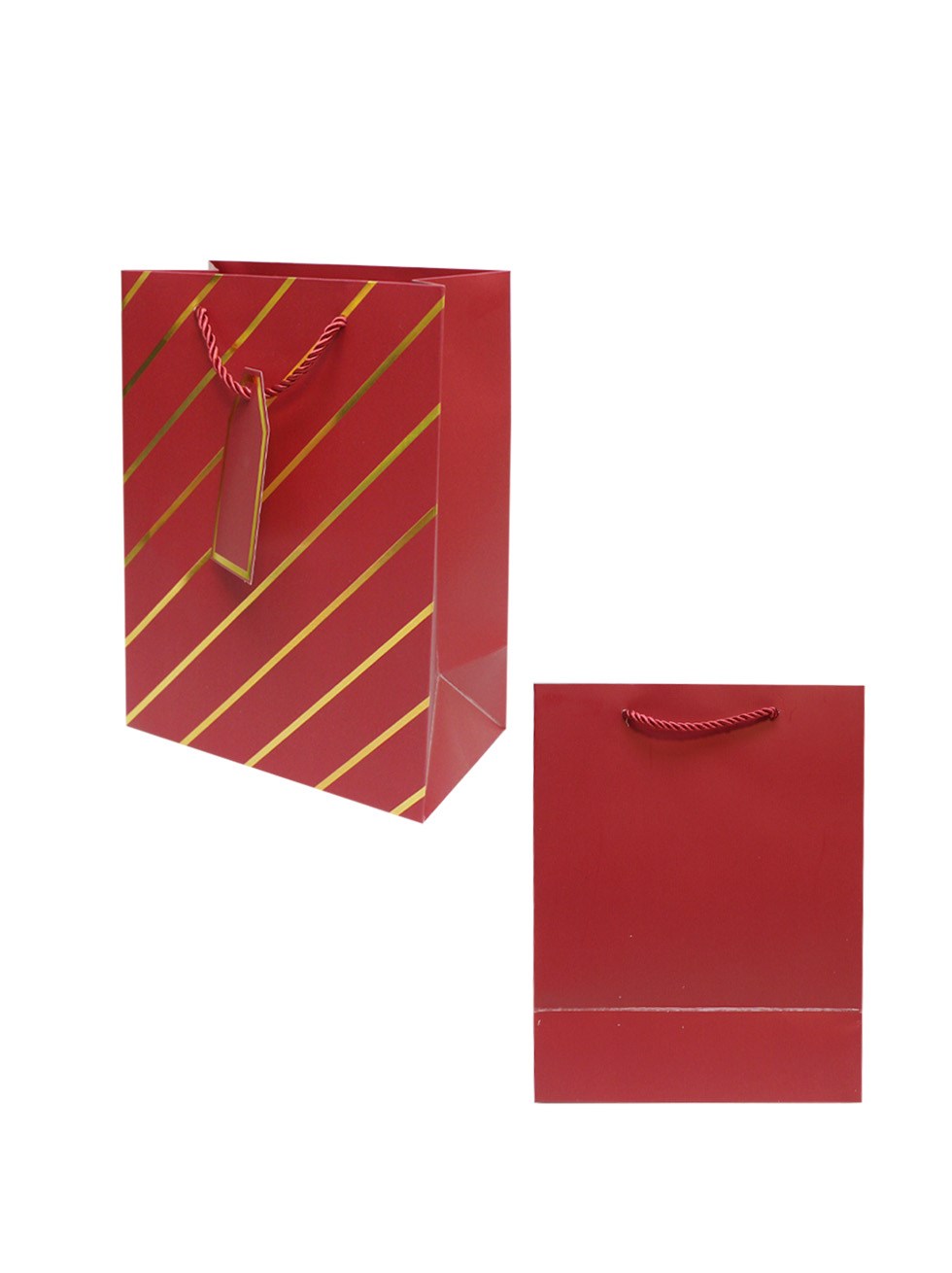 Çizgili Karton Hediye Çantası – Etiketli Lux Alışveriş Çantası Bordo 26x32x12 cm