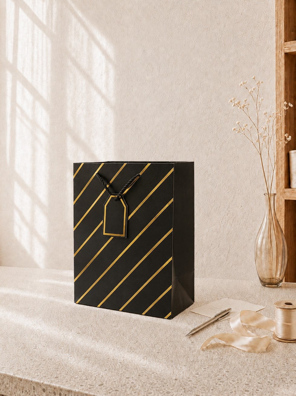Çizgili Karton Hediye Çantası – Etiketli Lux Alışveriş Çantası Siyah 26x32x12 cm