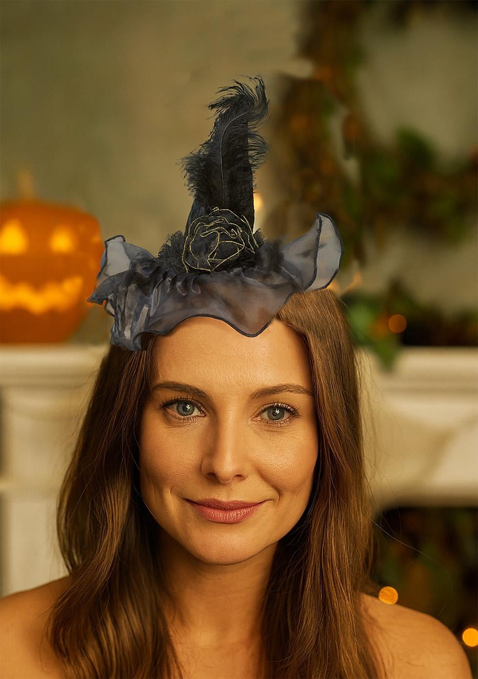 Cadı Şapkalı Halloween Parti Tacı Tüllü Tüylü Cadılar Bayramı Aksesuarı Siyah