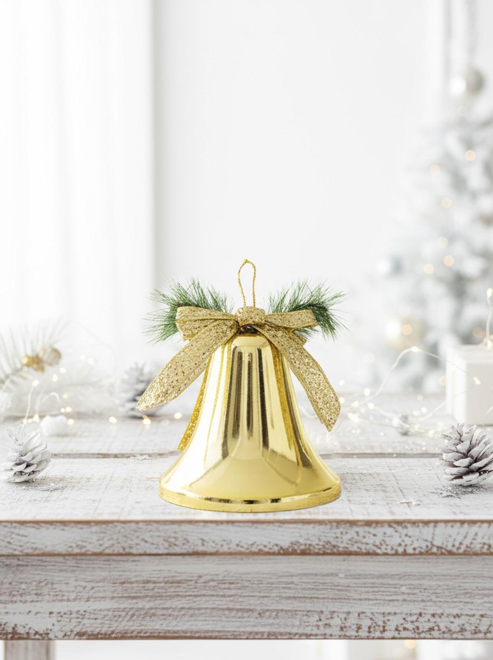 Yılbaşı Dekoru Kurdeleli Çan Dekoratif Süsleme Aksesuarı Altın 22 cm 