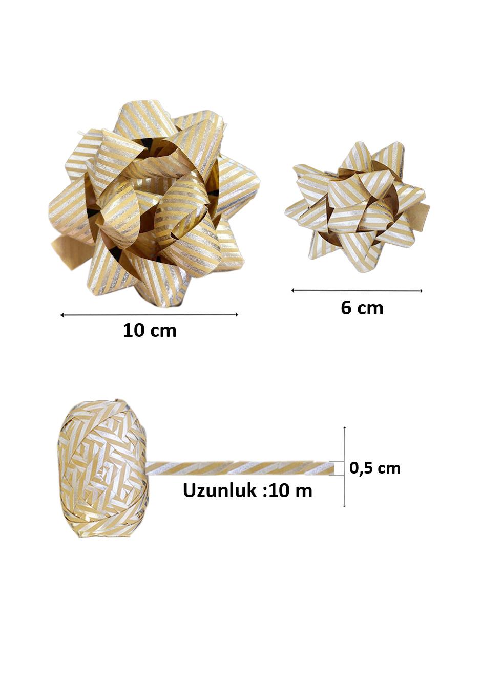 Hediye Paketleme Seti Kağıt Fiyonk ve Kurdele Kraft- Gümü Çizgili 3lü