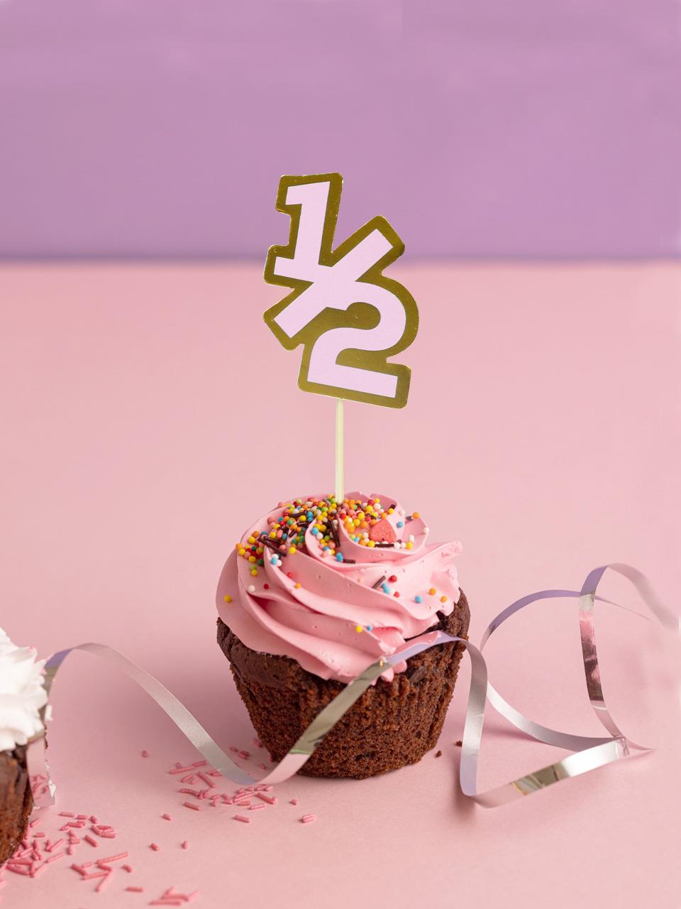 Yarım Yaş Kürdan 1/2 Yazılı Cupcake Kürdanı Pasta Süsü Pembe 10lu