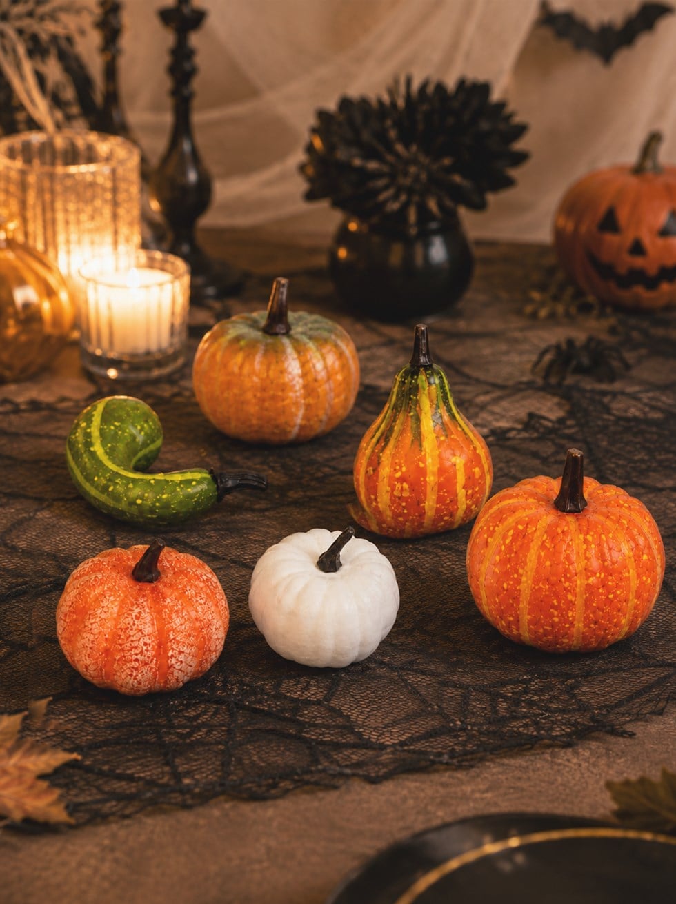 Dekoratif Mini Balkabağı Dekor Seti – Halloween Cadılar Bayramı Masa Süsü 6lı