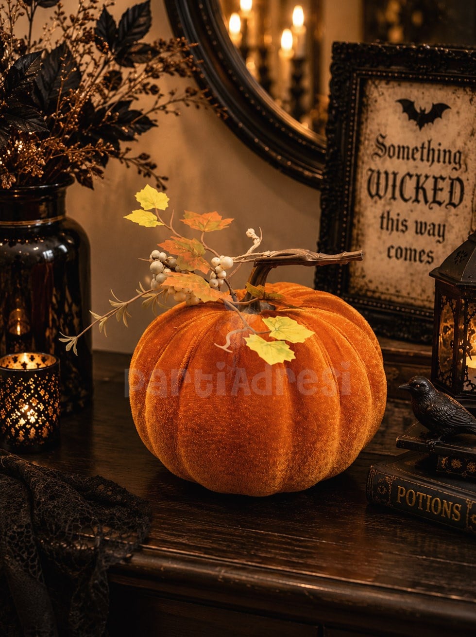 Dekoratif Turuncu Kadife Balkabağı 14 cm – Halloween ve Sonbahar Dekorasyonu 
