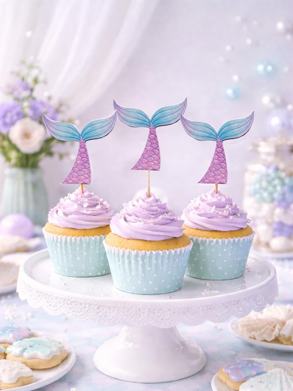 Deniz Kızı Temalı Kürdan Kuyruk Figürlü Cupcake Kürdanı Pasta Süsü 10lu