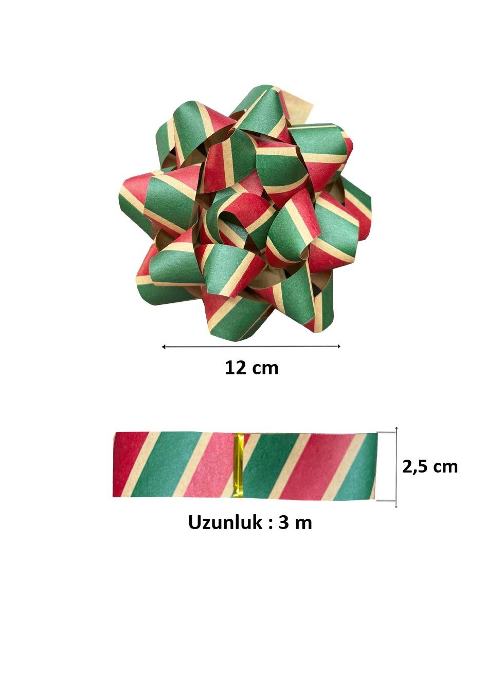 Hediye Paketleme Seti Kağıt Fiyonk ve Kurdele Kırmızı-Yeşil Çizgili 2li 