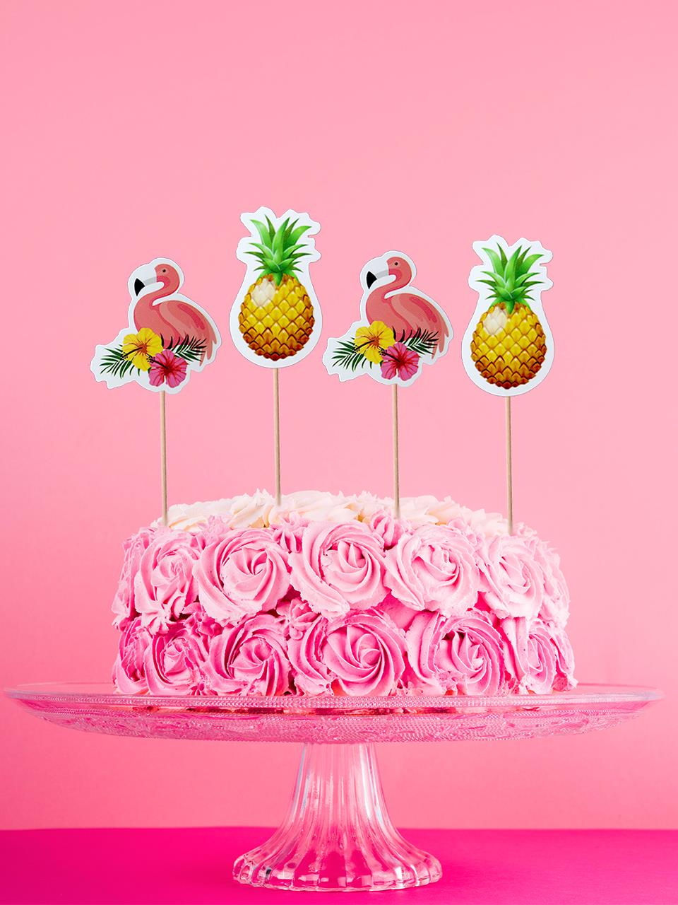 Hawaii Temalı Kürdan Flamingo Ananas Figürlü Cupcake Kürdanı Pasta Süsü 10lu