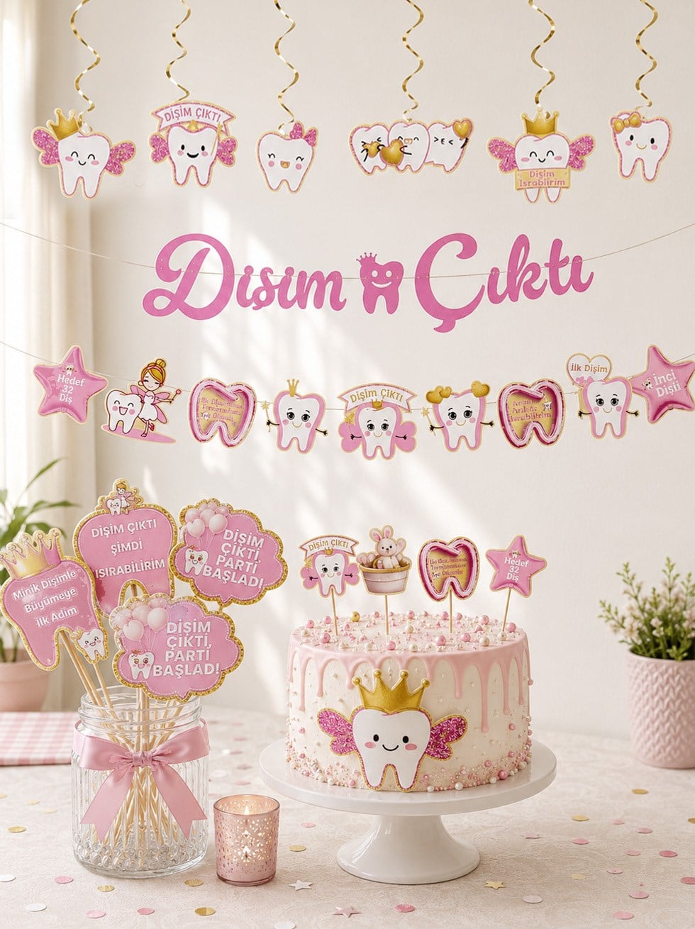 Dişim Çıktı Parti Seti Diş Buğdayı Partisi Süsleri Pembe Gold 