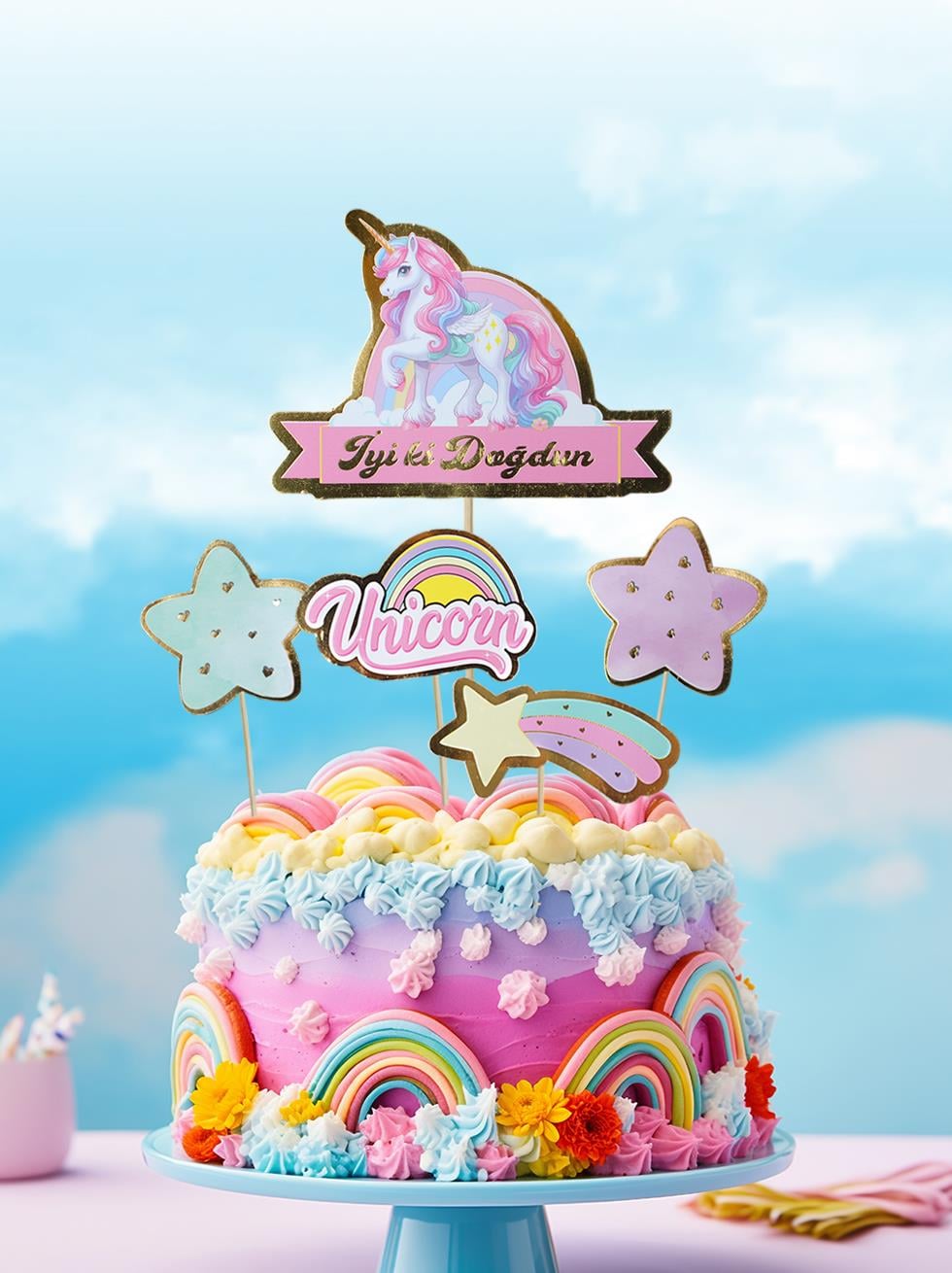 Unicorn Temalı Kürdan İyi Ki Doğdun Pasta Süsü Cupcake Kürdanı 5li
