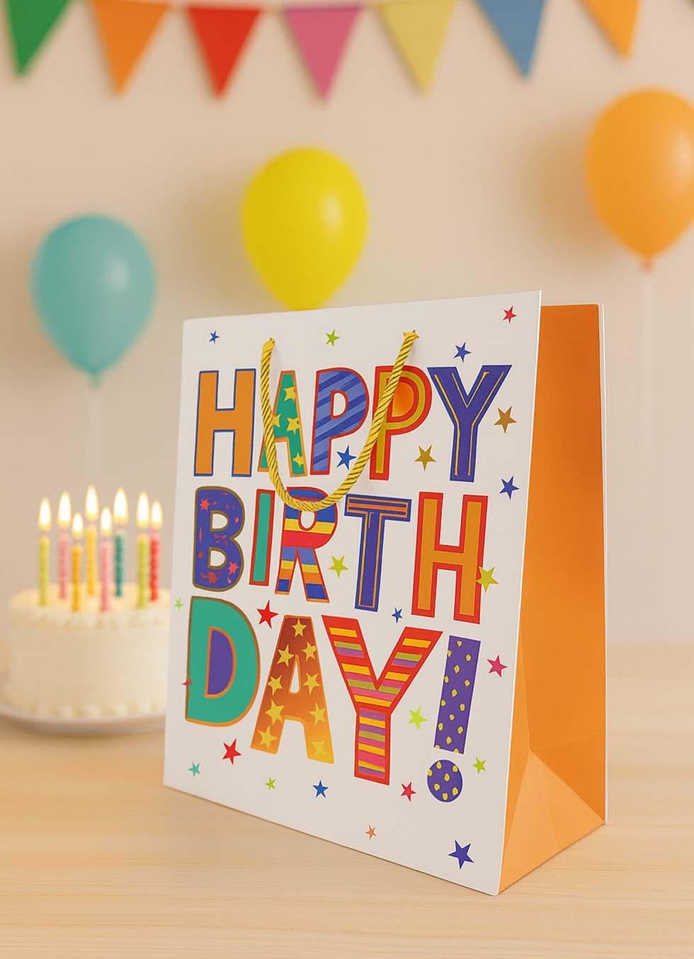 Karton Çanta Happy Birthday Yazılı Alışveriş Çantası Hediye Çantası Beyaz 33 cm
