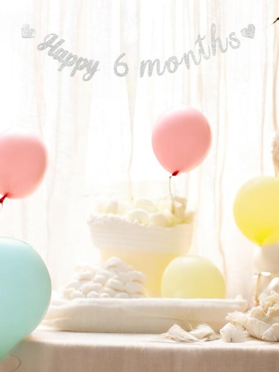 Yarım Yaş Happy 6 Months Yazı Gümüş Simli Banner