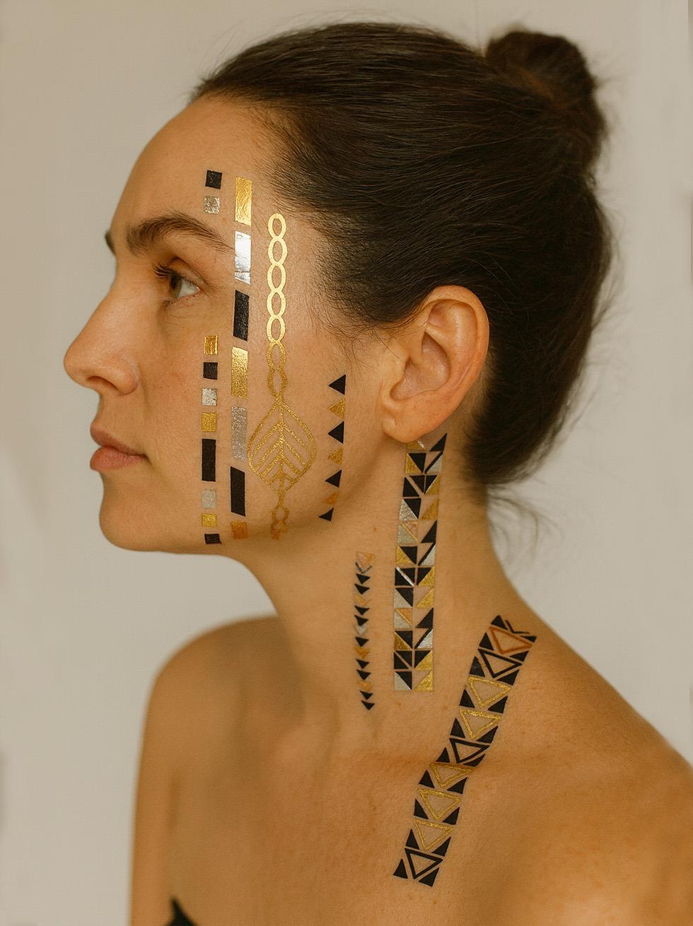 Metalik Geometrik Desen Geçici Dövme Seti  Altın Gümüş