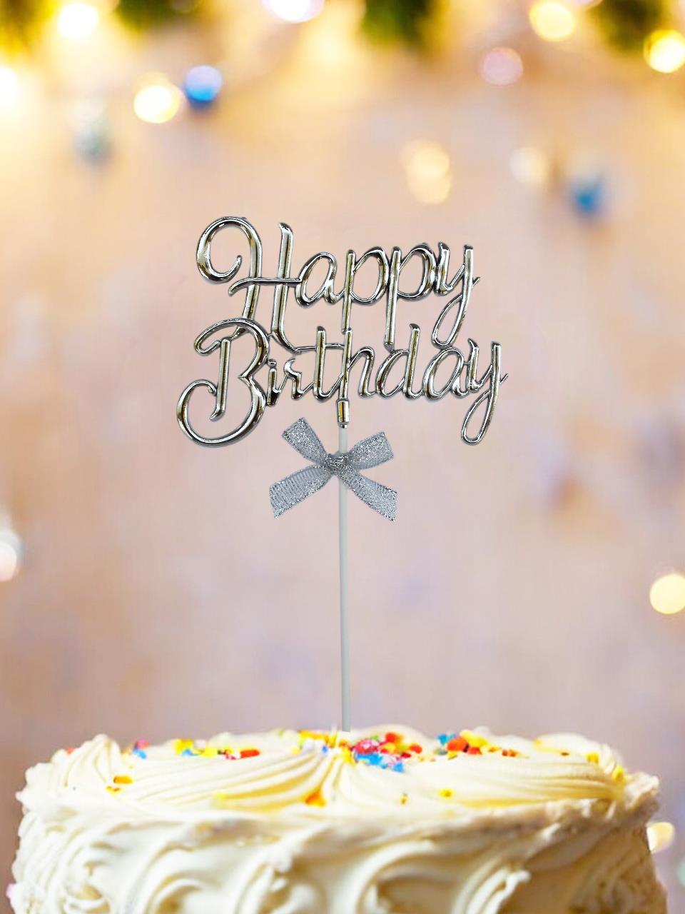 Happy Birthday Yazılı Doğum Günü Pasta Süsü Gümüş