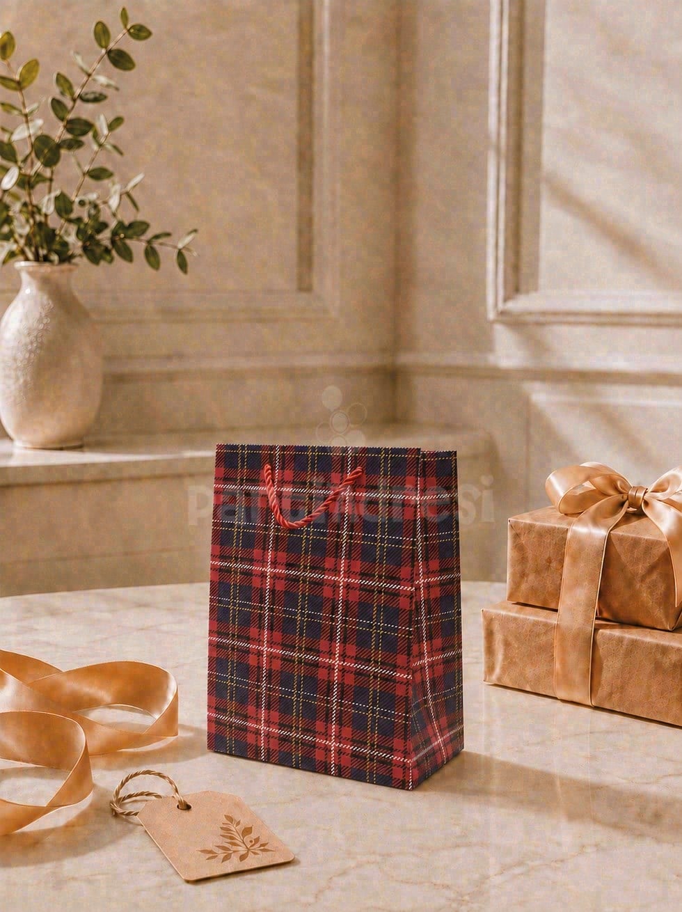 Ekose Desenli Karton Hediye Çantası – Alışveriş Çantası Lacivert 18x23x10 cm 
