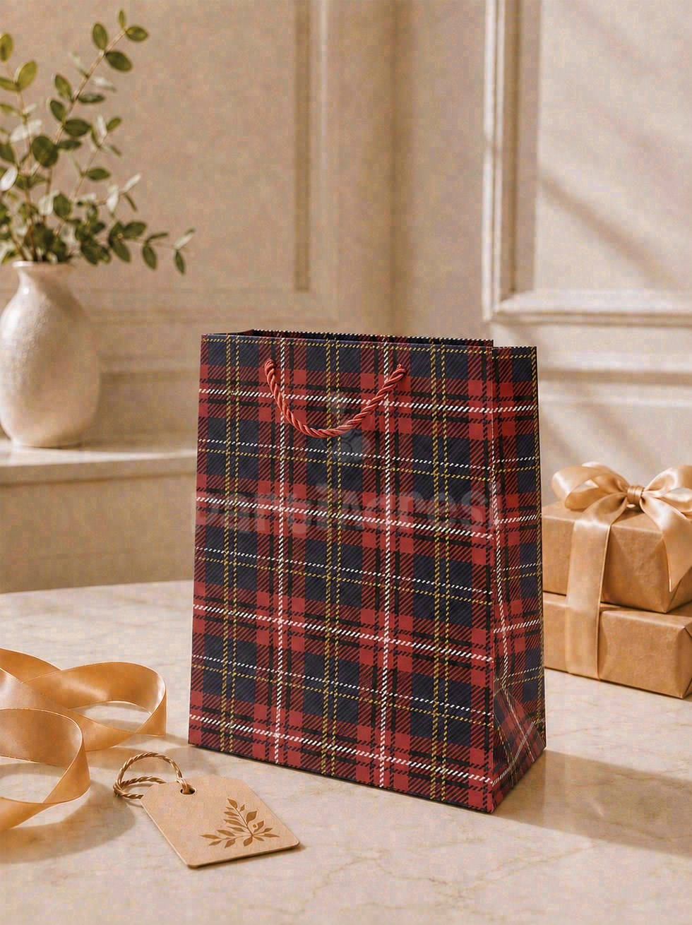 Ekose Desenli Karton Hediye Çantası – Alışveriş Çantası Lacivert 26x32x12