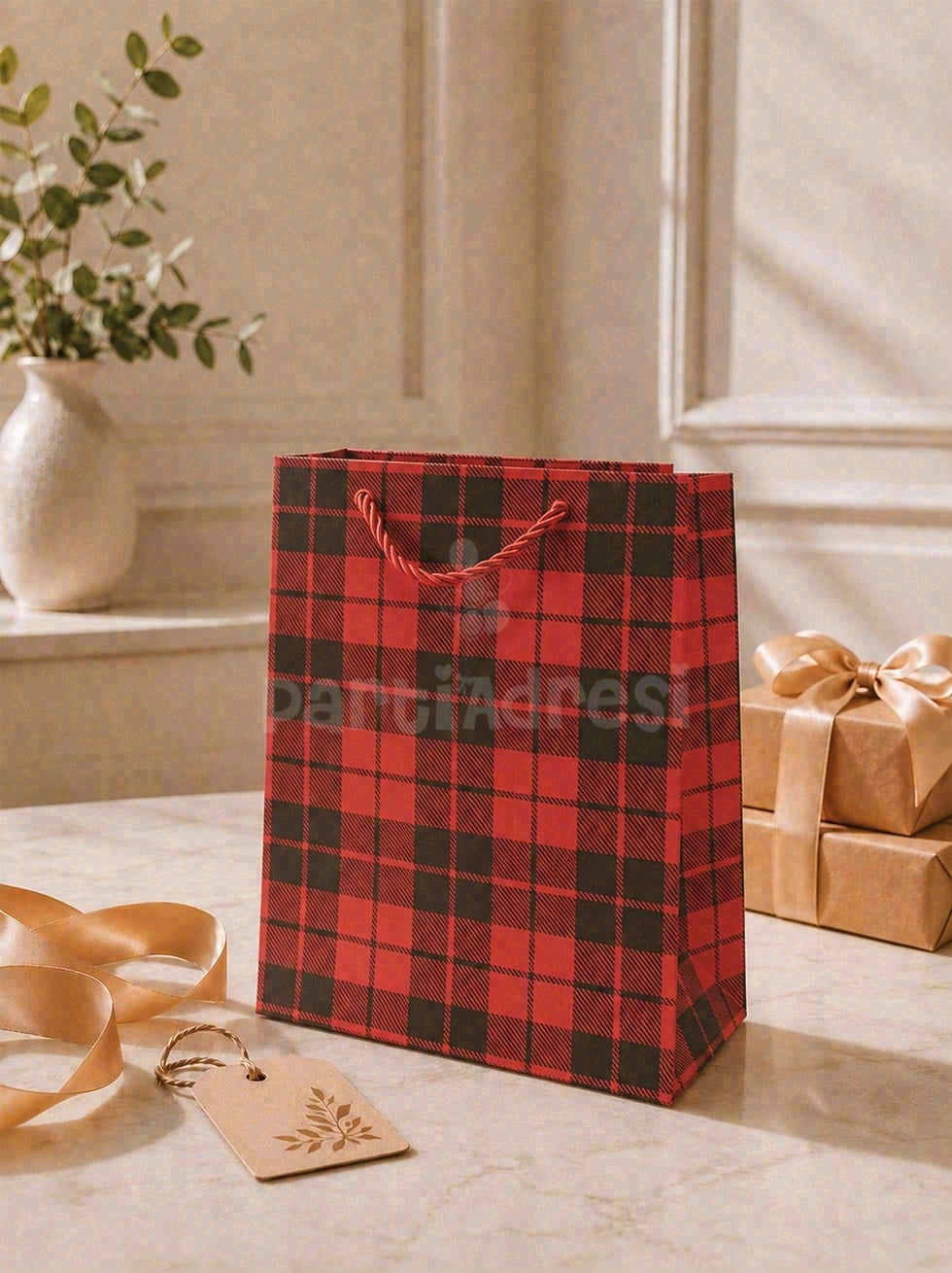 Ekose Desenli Karton Hediye Çantası – Alışveriş Çantası Kırmızı 26x32x12