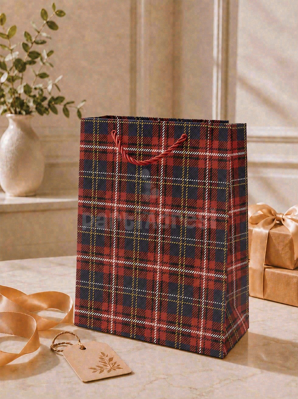 Ekose Desenli Karton Hediye Çantası – Alışveriş Çantası Lacivert 30x40x12