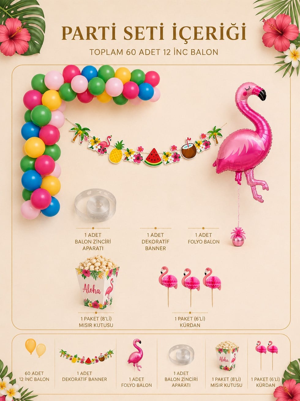 Flamingo Temalı Doğum Günü Parti Seti – Tropikal Balon Zinciri