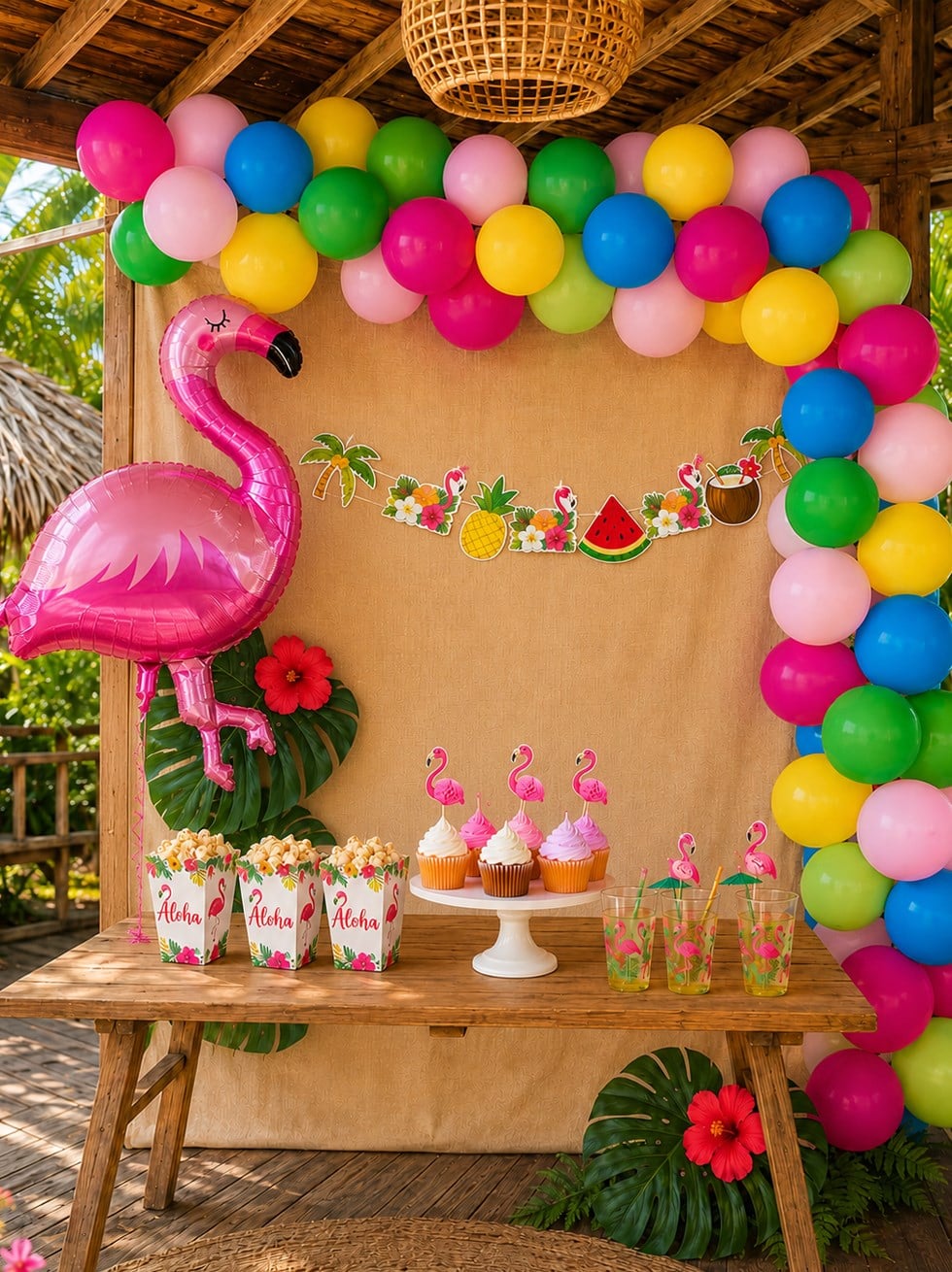 Flamingo Temalı Doğum Günü Parti Seti – Tropikal Balon Zinciri