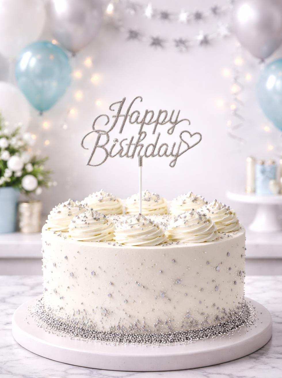 Gümüş Happy Birthday Kalpli Pasta Süsü – Doğum Günü Pasta Dekoru