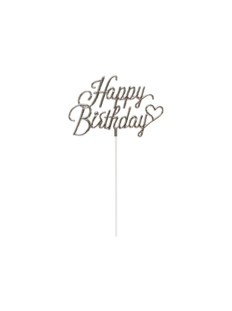 Gümüş Happy Birthday Kalpli Pasta Süsü – Doğum Günü Pasta Dekoru