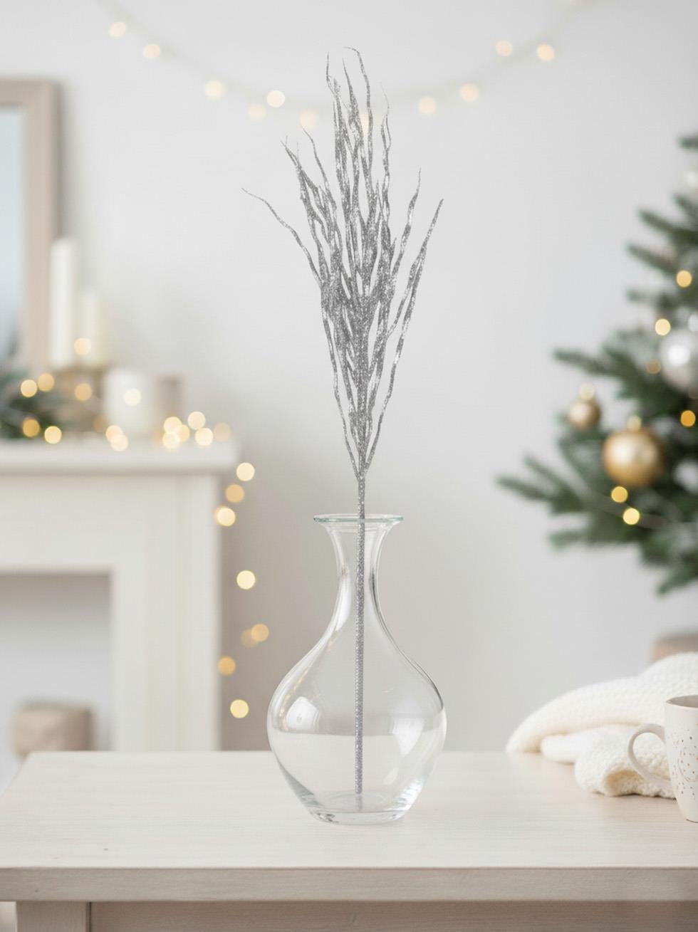 Gümüş Simli Yılbaşı Dekor Dalı – Silver Glitter Parlak Ağaç Süsü 70 cm