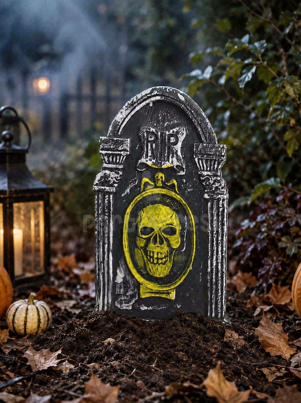 Halloween Kuru Kafalı Mezar Taşı Dekoru – Strafor Cadılar Bayramı Süsü  30x49 cm