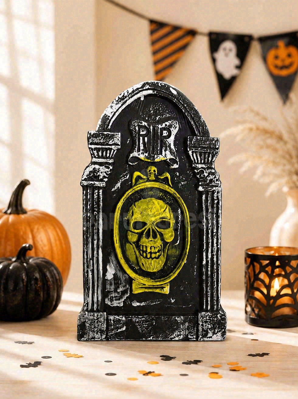 Halloween Kuru Kafalı Mezar Taşı Dekoru – Strafor Cadılar Bayramı Süsü  30x49 cm