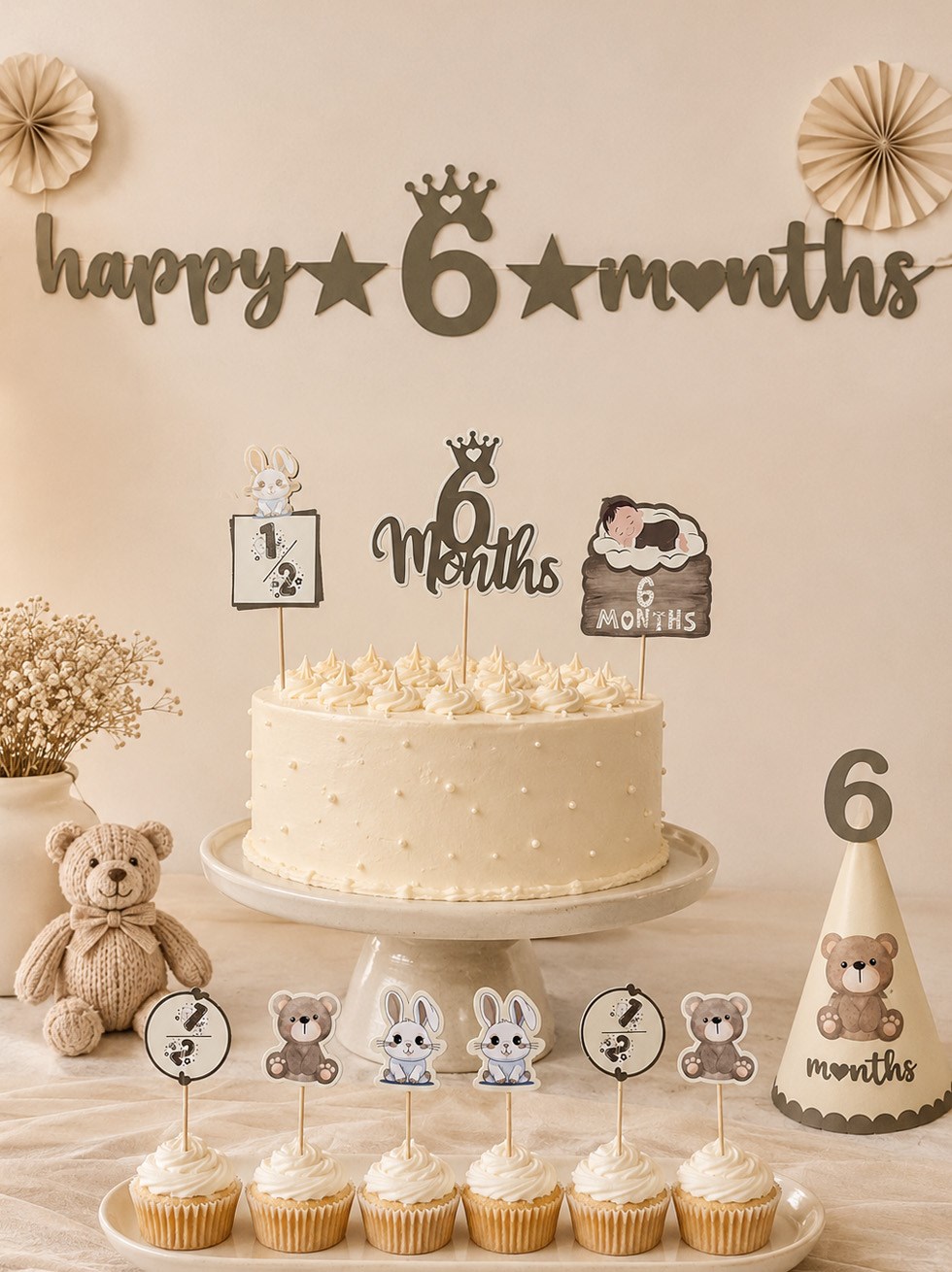 Happy 6 Months Banner 6 Ay Bebek Doğum Günü Parti Seti Haki