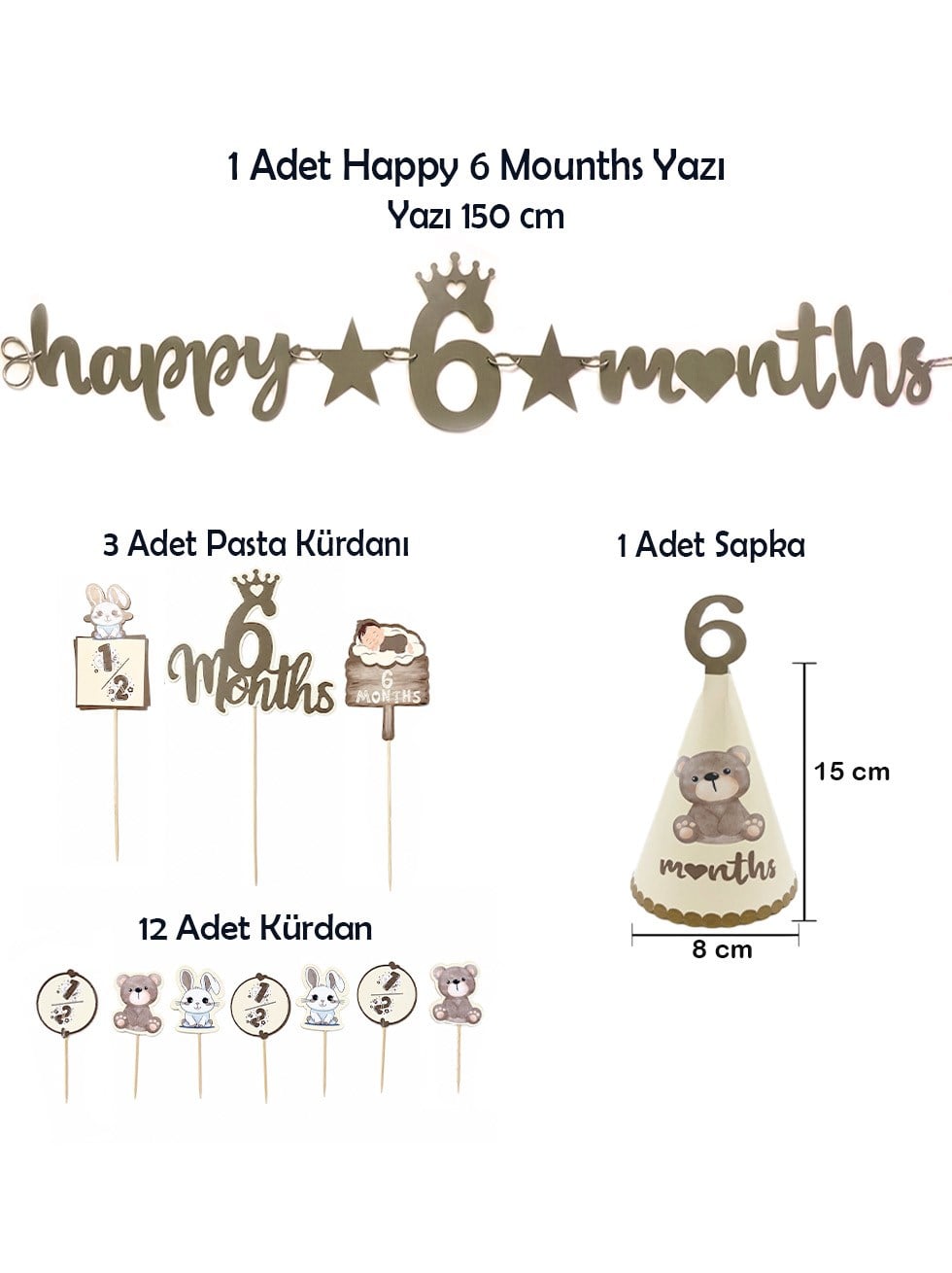 Happy 6 Months Banner 6 Ay Bebek Doğum Günü Parti Seti Haki