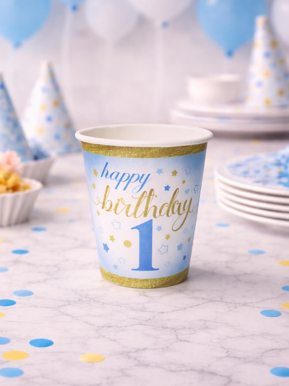 Happy Birthday 1 Yaş Karton Bardak Mavi – Doğum Günü Parti Bardağı 8 Adet