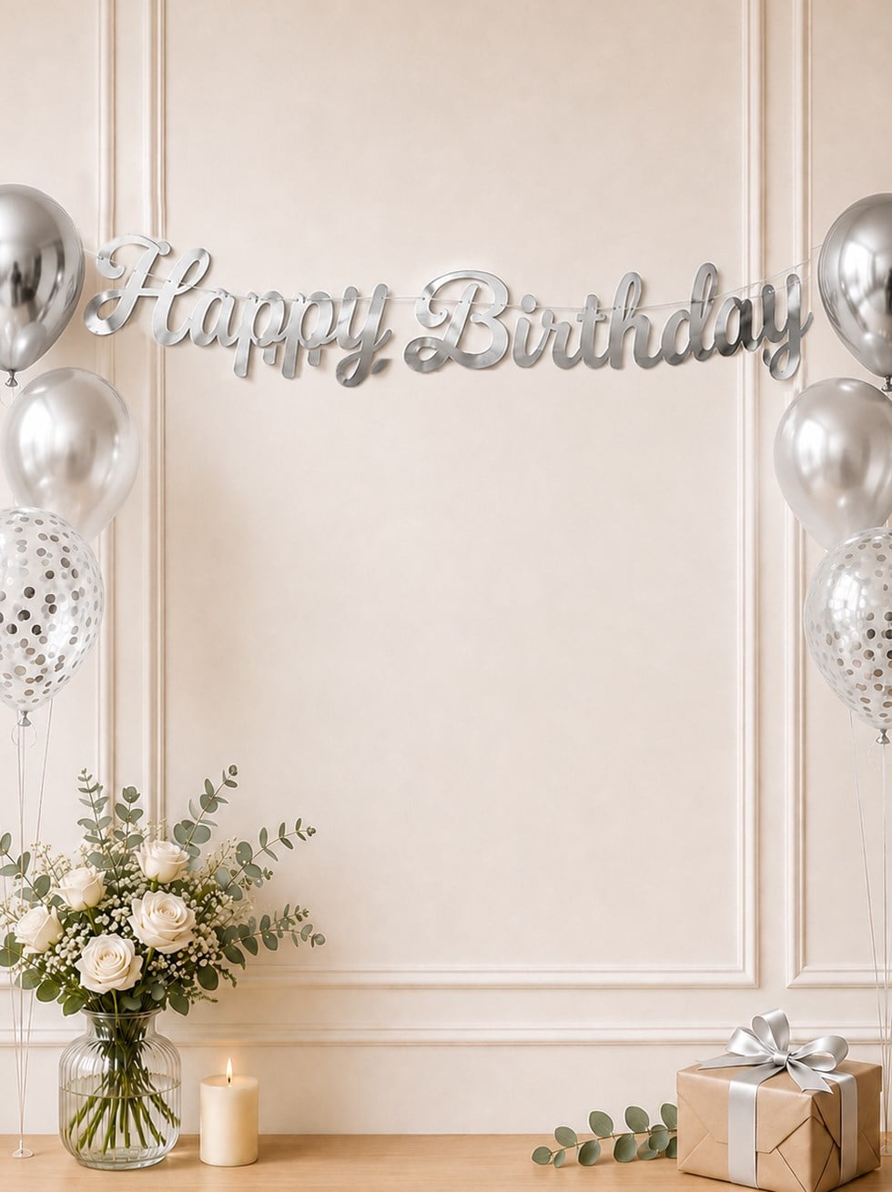 Happy Birthday Kaligrafi Banner Gümüş