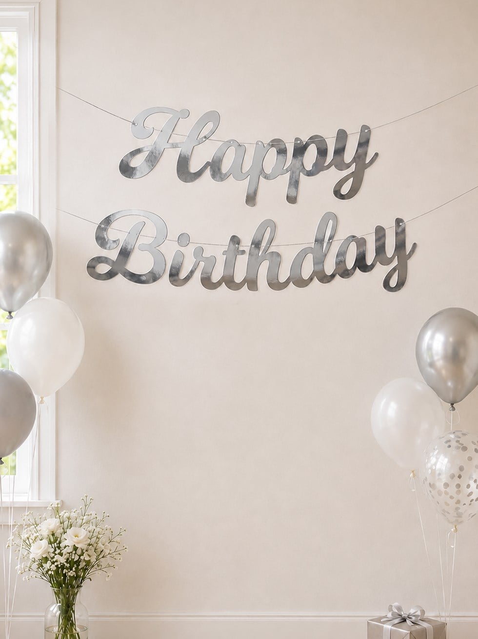 Happy Birthday Kaligrafi Banner Gümüş
