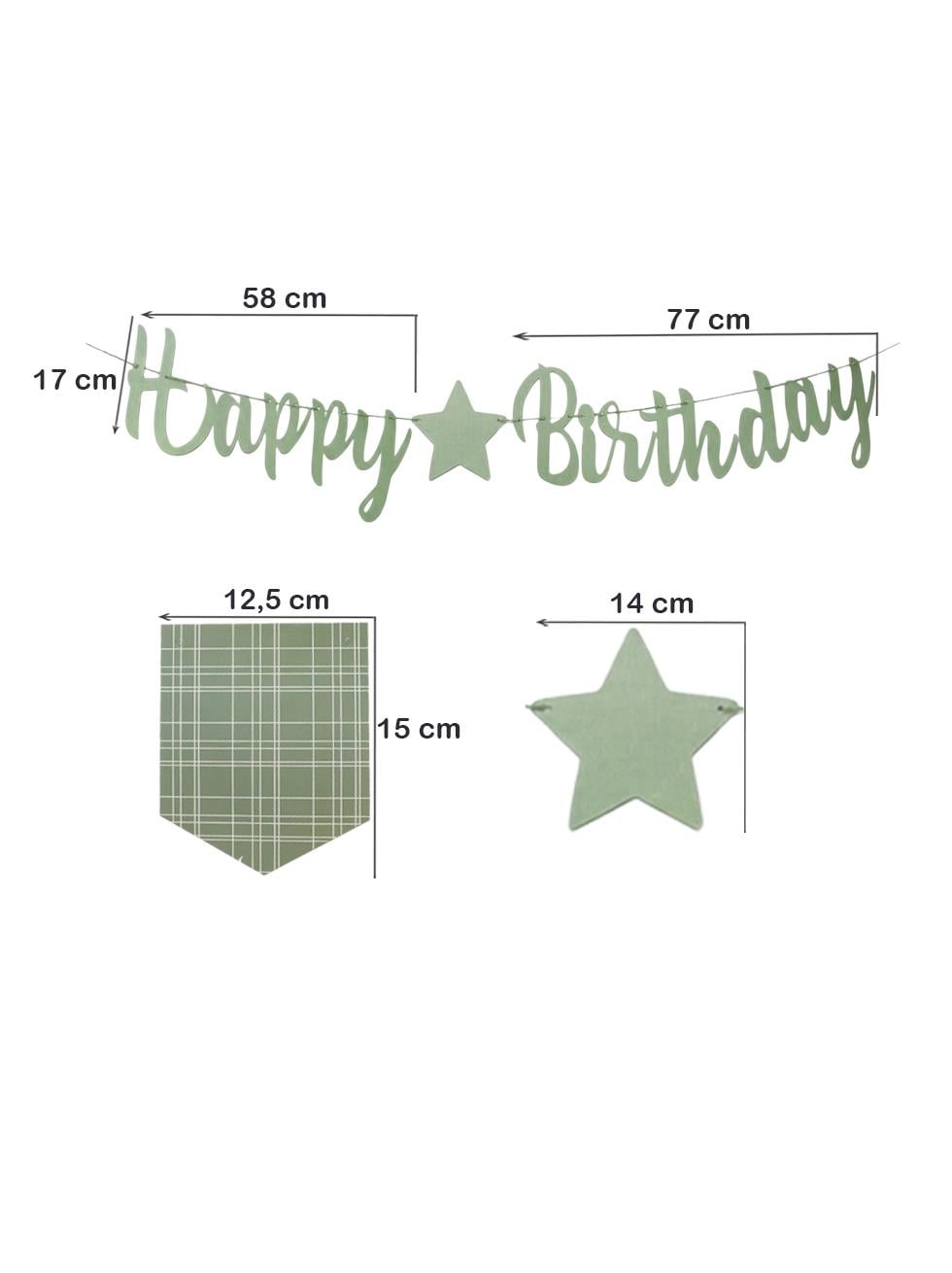 Happy Birthday Kaligrafi Banner – Retro Ekose Bayraklı Doğum Günü Süsü Yeşil