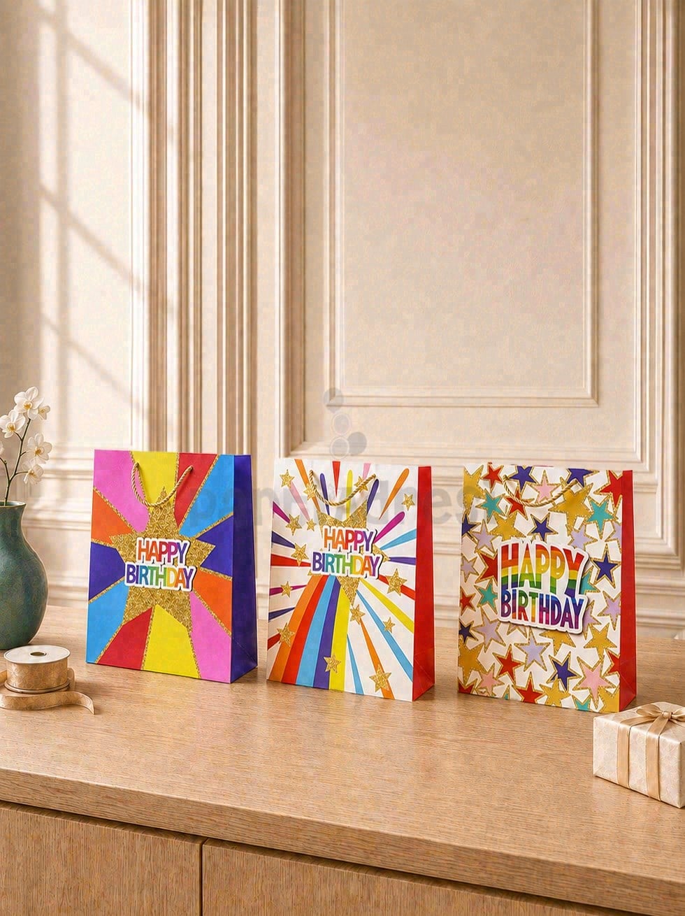 Happy Birthday Simli Karton Çanta – Hediye Alışveriş Çantası 26x32x12 cm 12li